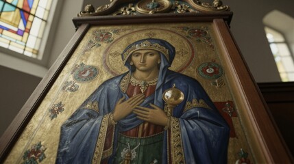 Obraz premium A traditional icon of the Virgin Mary, set within a wooden frame with ornate carvings, is depicted in a reverent and sacred atmosphere.