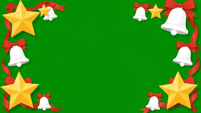 Christmas green screen border frame animation vector with decorative red ribbons gold stars and white holiday bells for professional video overlay and editing