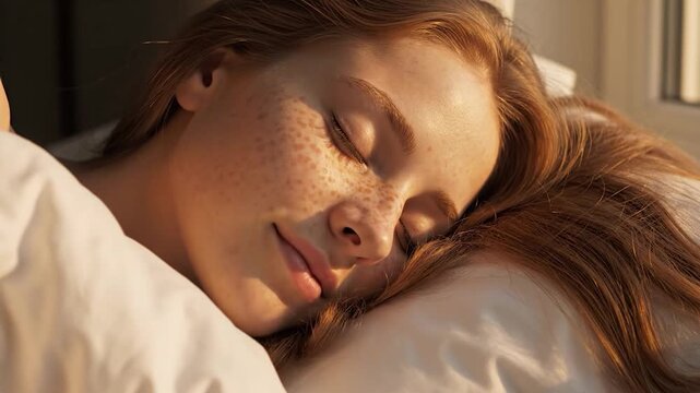 Young woman with red hair and freckles sleeping peacefully in bed with golden morning sunlight