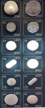 Industrial LED wall and ceiling bulkhead lights with IP protection ratings on display stand