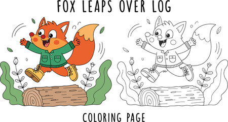 Fototapeta premium Cute cartoon fox jumping over a wooden log coloring page Vector, illustration
