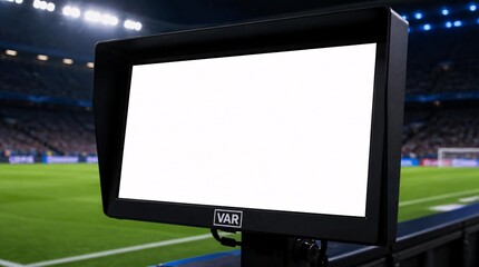 Naklejka premium Close up of VAR monitor on the sidelines of football stadium.