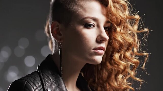 Young woman with red curly hair and undercut hairstyle wearing black leather jacket in profile
