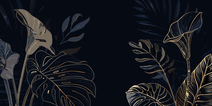 Tropical leaf ornament with gold lines on a dark background