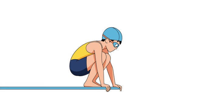 Cartoon illustration of a young swimmer wearing a blue cap and goggles preparing to dive from a blue diving board.