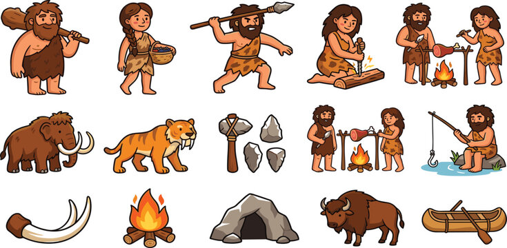 Prehistoric Stone Age Life Illustration Collection Featuring Cavemen, Hunting, Fire Making, Tool Crafting, Mammoths, and Early Human Survival