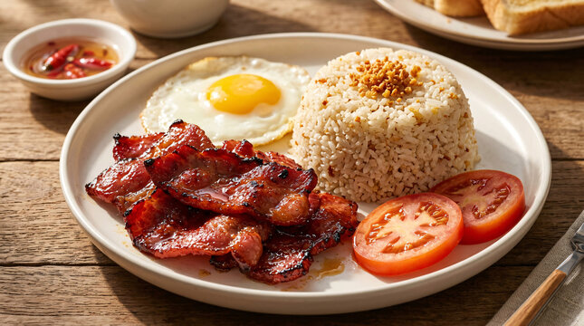 Bright Filipino breakfast plate with tocino pork, garlic rice, fried egg, sliced tomato, and dipping sauce on a wooden table