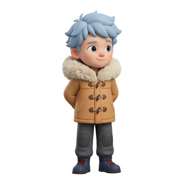 Cartoon boy in brown winter coat with fur hood