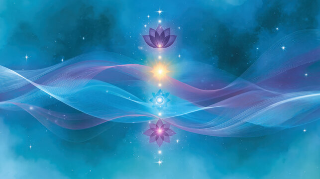An illustration with varying shades of blue and teal, speckled with small white stars and larger, brighter starbursts. Vertical alignment of three lotus flowers, each emanating a glow. Healing process