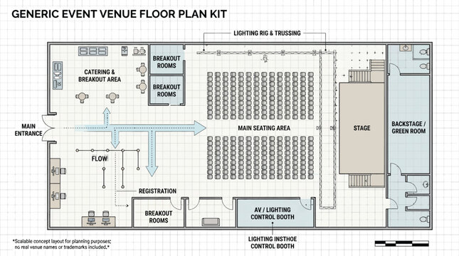 Professional generic event venue floor plan kit with seating arrangement and catering area floorplan conference planning