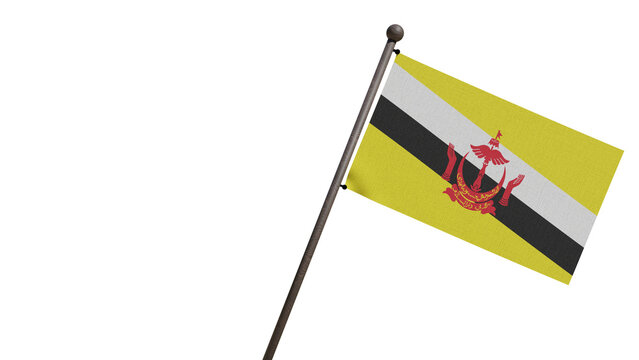 A realistic 3D render of the Brunei national flag waving on a wooden flagpole, isolated against a transparent background with ample copy space