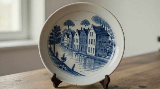 A Delftware ceramic plate featuring a blue-and-white illustration of a traditional Dutch canal scene is displayed on a wooden stand in a softly lit interior setting.