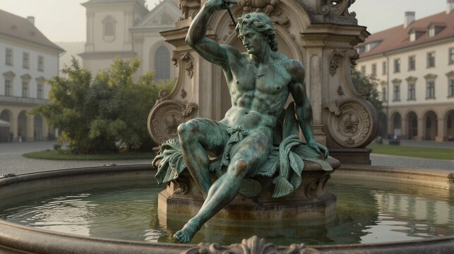 A bronze statue of a male figure sits serenely in a courtyard surrounded by European-style buildings and lush greenery.