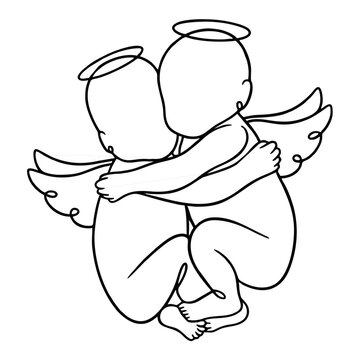 Two Baby Angels Hugging Line Art Illustration