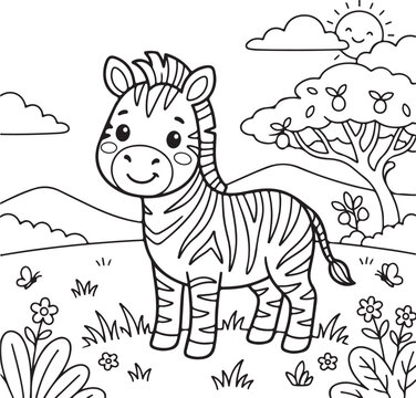 Colorful zebra, smiling outdoors, cartoon illustration, illustration set amidst flowers.