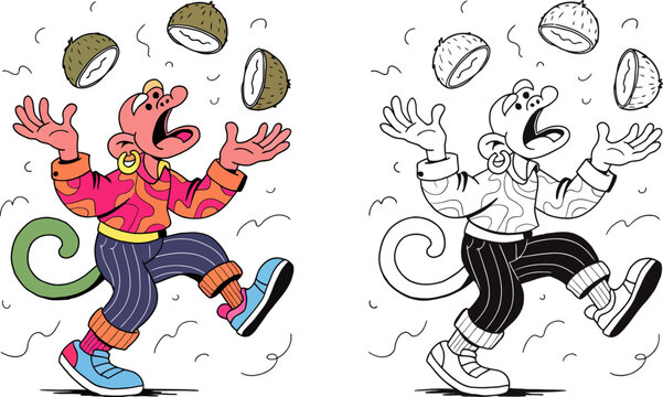 Funny monkey juggling balls cartoon illustration Vector, illustration
