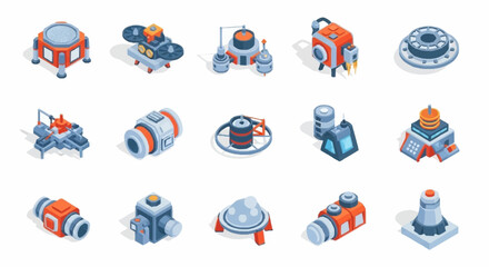 Collection of isometric sci-fi building elements and structures for game design. © Dani