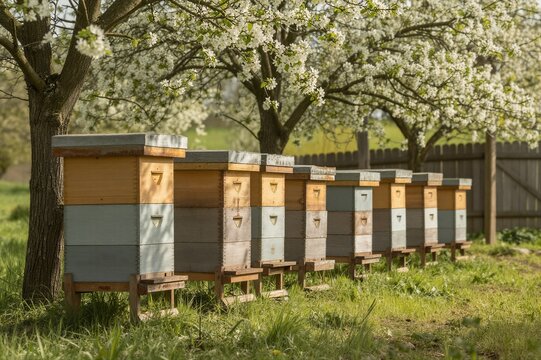 A serene row of Langstroth beehives stands on a grassy field, surrounded by blooming white-flowered trees and a weathered wooden fence.
