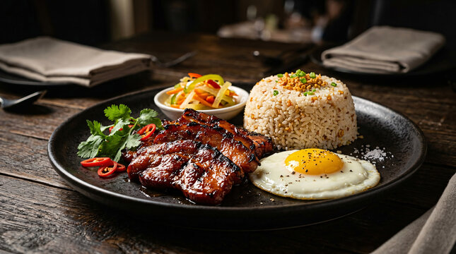 Moody restaurant plate of grilled glazed pork with garlic rice, fried egg, chili garnish, and pickled vegetables