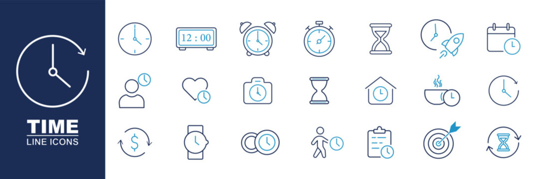Time icons set representing clock, schedule, deadline, timer, calendar, productivity, time management and planning concepts. Editable Stroke. Time, date and address concept editable stroke outline