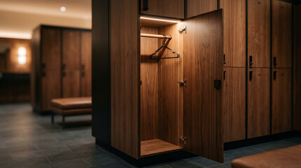 Fototapeta premium Modern luxury wooden changing room lockers with interior lighting and coat hangers in a high end fitness club or spa facility