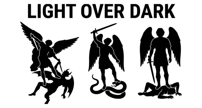 Angel silhouettes battling evil during divine light against darkness concept vector