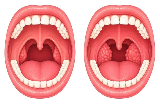 Healthy Tonsils and Enlarged Tonsils Comparison Vector Medical Illustration