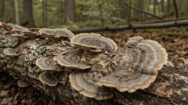 A fallen tree trunk colonized by Turkey Tail bracket fungi in a serene temperate forest environment.