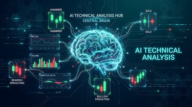 Technical analysis stock market hub with artificial intelligence brain and trading charts.