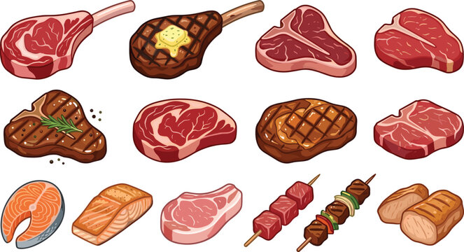 Fresh Raw and Grilled Meat Icon Set Featuring Beef Steaks, T-Bone, Tomahawk, Ribeye, Salmon Fillet, Pork Chop, and BBQ Skewers Vector Cartoon Illustration