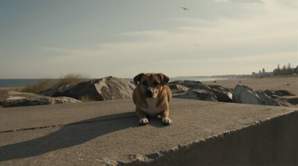 Obraz premium A medium-sized dog with a brown coat and white chest lies on a concrete structure at Westerplatte Monument Rock in Gdańsk, Poland.
