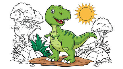 Obraz premium Dinosaur vector character green rex standing outdoors landscape