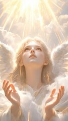 Obraz premium Angel woman with wings looking up to heaven light. Divine religious scene depicting Ascension Day. Spiritual concept of faith, hope, and soul rising to sky through golden sun beams.