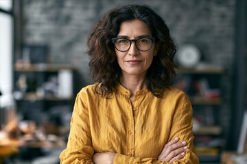 Fototapeta premium Experienced Latina business owner looking at camera in creative office