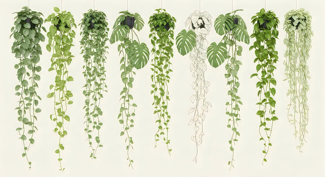 Hanging potted plants collection philodendron monstera and heartleaf varieties