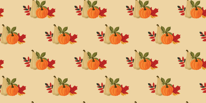 Beige autumn pumpkin seamless pattern for cozy thanksgiving fabric design