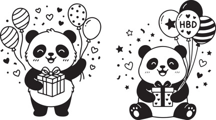Cute panda bears, birthday celebration, black and white vector icons, gift boxes, balloons © Nayeem