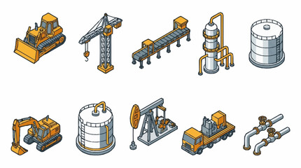 Set of isometric industrial icons including construction vehicles, oil rig, crane, and refinery equipment. © Dani