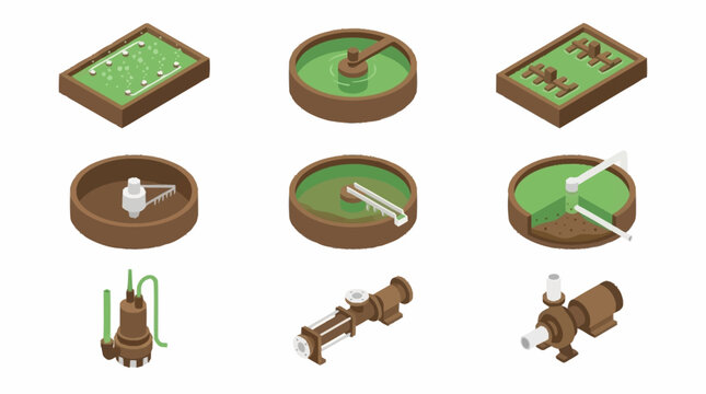 Set of isometric illustrations depicting various stages and equipment in a wastewater treatment plant.