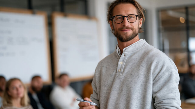 Founder standing at crossroads moment beside two whiteboards, one showing current product roadmap and other showing completely different pivot direction, marker in hand