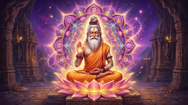 Indian Sadhu Meditating in Lotus Position with Mandala Background, Hindu Rishi Sage Blessing, Spiritual Yoga and Meditation Vector Illustration