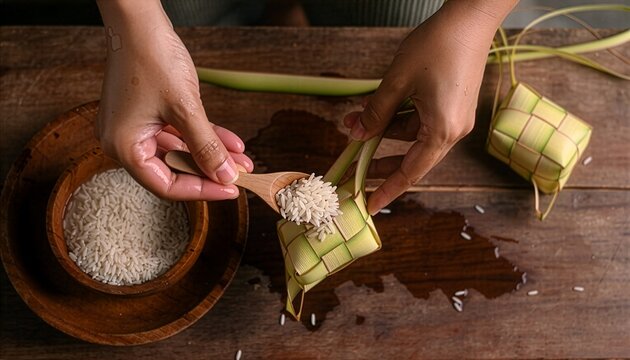 Woman filling woven palm leaf ketupat pouch with raw white rice using wooden spoon