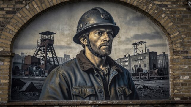 A miner in a metallic helmet stands amidst an industrial mining site under diffused overcast lighting.