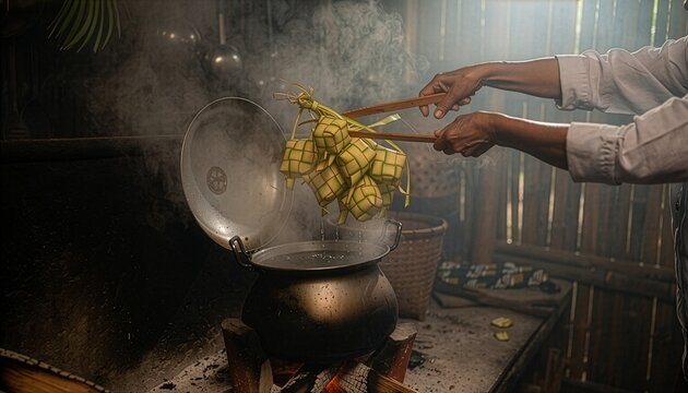 Hands lifting steaming ketupat rice cakes from boiling pot with wooden tongs