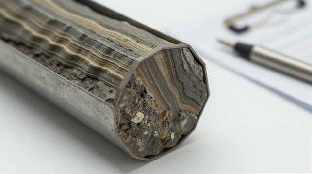 A cylindrical geological core sample is showcased in a laboratory setting, highlighting its layered sedimentary rock and precise scientific analysis.