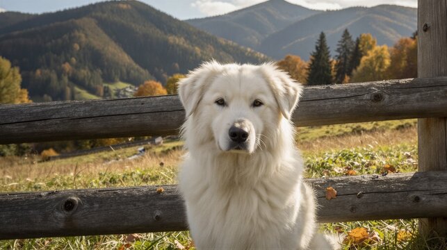 A Great Pyrenees dog sits calmly between wooden fence rails in a serene autumnal mountain landscape.