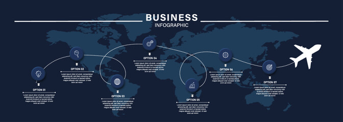 Modern global business infographic template featuring interconnected locations across a world map with airplane route elements. © DANN