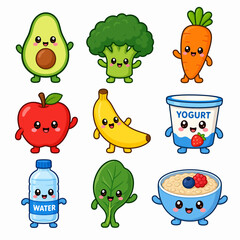 Obraz premium Cartoon fruits and healthy food.