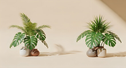 Obraz premium Tropical houseplants arrangement in ceramic pots minimalist interior decor