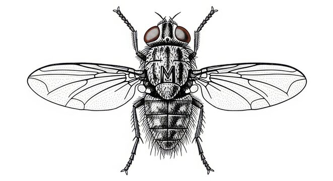 Vintage Scientific Illustration of a Housefly Musca Domestica with Spread Wings on White Background
